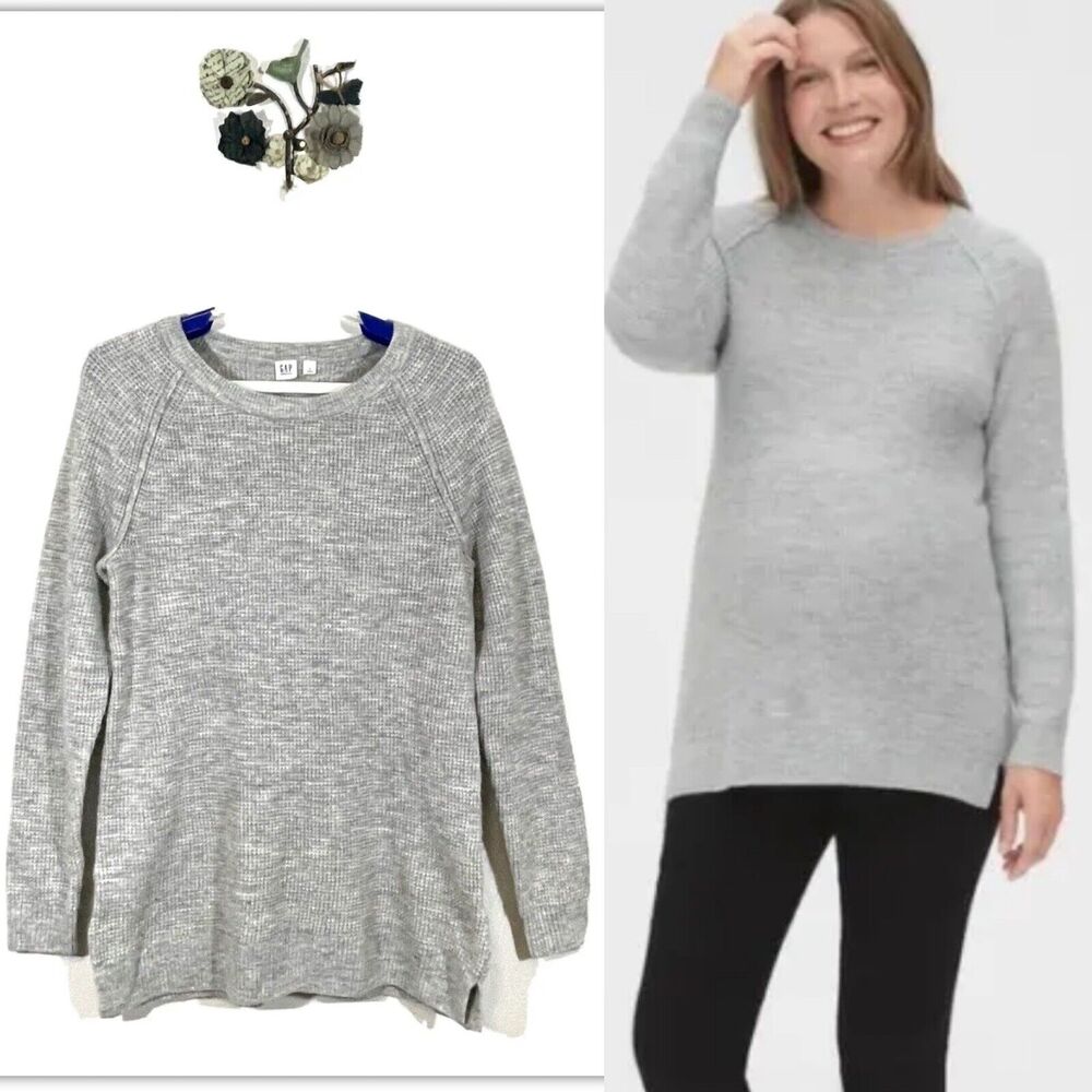 GAP Maternity Crew Neck Waffle Knit Light Gray Pullover Sweater Size Small